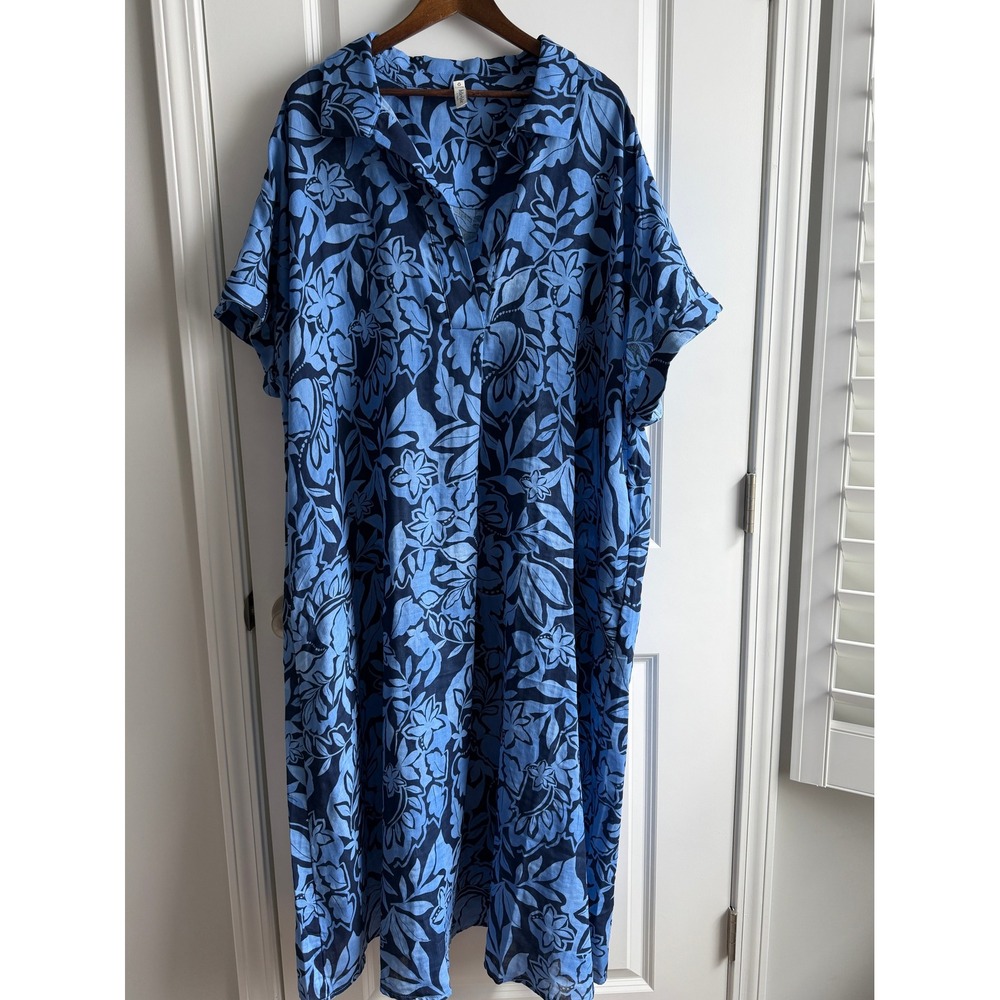 Belle Asle Blue Floral Organic Linen Midi Caftan Dress Short Sleeve Pocket - Picture 14 of 16